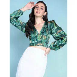 Popwings Animal Printed Puff Sleeve Fitted Crop Top-picture-13