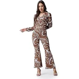 popwings Casual Brown Marble Printed Crop Top and Trouser Set for Women | Co-Ords Set for Women Stylish Western | Full Sleeves V-Neck Crop Top and Bootcut Trouser Set | 2 Piece Set for Women-picture-36