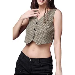 popwings Casual Check Printed V-Neck Sleeveless Button Closure Waistcoat Crop Top for Women || Stylish Western Woman Crop Top for Summer || Sleeveless V-Neck Crop Tops for Women-picture-38