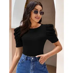 popwings Casual Puff Sleeves Self Design Women Black Top-picture-11
