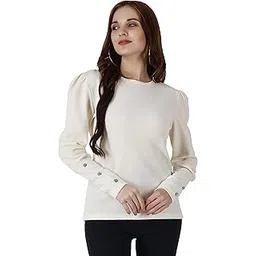 popwings Casual Solid Puff Button Long Sleeves Regular Fit Tops for Women || Summer Round Neck Tops for Women || Stylish Western Top for Jeans for Women Cream-picture-49