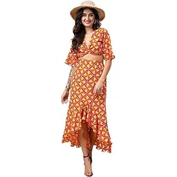 POPWINGS Casual Solid Top and Skirt Set for Women | Stylish Western and Casual Geometric Printed Co-Ord Set | Crop Top and Long Slit Skirt Set for Women,Girl-picture-13