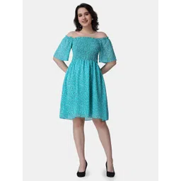 Popwings Floral Printed Off-Shoulder Flared Sleeves Fit & Flare Dress-picture-17