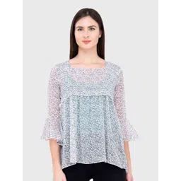 Popwings Floral Printed Square Neck Bell Sleeve Smocked Detail A-Line Top-picture-27