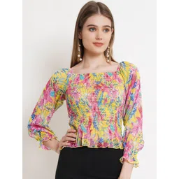 Popwings Floral Printed Square Neck Puff Sleeve Smocked Regular Top-picture-12
