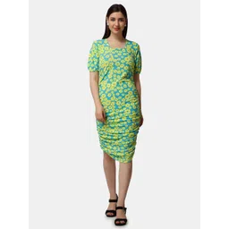Popwings Floral Printed Squared Neck Puff Sleeves Ruched Sheath Dress-picture-16
