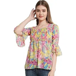 popwings Printed Chiffon Peplum Tops for Women || 3/4th Sleeves Square Neck Women Tops for Summer || Stylish Western Smocking Women Tops-picture-12
