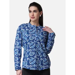 Popwings Women Abstract Printed Mandarin Collar Cotton Top-picture-12