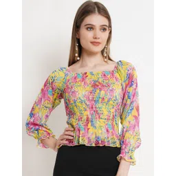 Popwings Women Floral Print Puff Sleeve Smocked Crop Top-picture-20