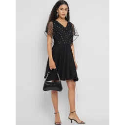 Porsorte Embellished Flutter Sleeve Net Formal Fit & Flare Dress-picture-10