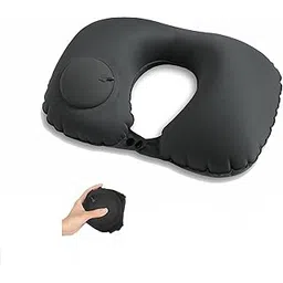 Portible Full Comfort Portable Push Button Inflatable U-Shaped Neck Pillow | Soft Fabric Travel Pillow for Airplane, Car, Office, Home | Automatic Air Cushion Head & Neck Support (Black)-picture-53