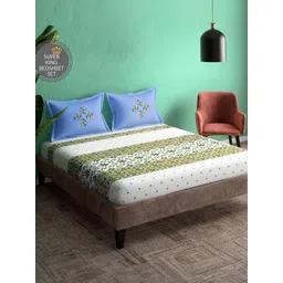 Portico Ceramica Blue & White Printed Cotton 164 TC Super King Bedsheet Set 2.74 x 2.74m-picture-49