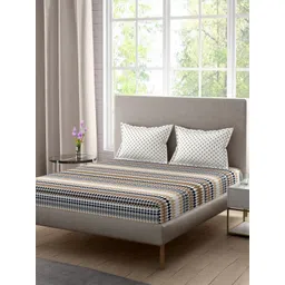 Portico Cream-Coloured & Brown 144 TC Queen Bedsheet with 2 Pillow Covers-picture-34