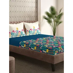 Portico Grandcrest Blue Printed Cotton 210 TC Super King Bedsheet Set 2.74 m x 2.74 m-picture-42