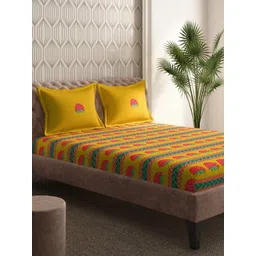 Portico Gulmarg Mustard & Pink Printed Cotton 210 TC Super King Bedsheet Set 2.74 x 2.74m-picture-36