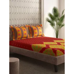 Portico Gulmarg Red & Green Floral Cotton 210 TC Super King Bedsheet Set-2.74 m x 2.74 m-picture-10