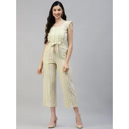 Poshak Hub Women Green & Beige Pure Cotton Striped Basic Jumpsuit with Ruffles-picture-39