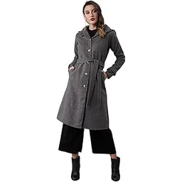 poshbery Grey Long Full Sleeve Knee Length Coat with Hood and Ruffle Detail-picture-20
