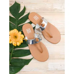 POSTCARD Women Tan Brown & Silver Colourblocked T-Strap Flats-picture-30