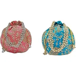 Potli bag (Pack of 2 Potli) Pink and Frozi Matka Designer handbags for Women wedding party and Return gift potli bags for party accessories .Outer Golden Embroidered Design-picture-30
