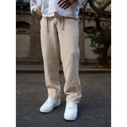 Powerlook Men Beige Pure Cotton Regular Fit Crinkled Trousers-picture-32