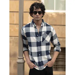 Powerlook Men Slim Fit Windowpane Checked Button-Down Collar Casual Shirt-picture-17