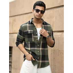 Powerlook Men Tartan Checked Spread Collar Cotton Casual Shirt-picture-12