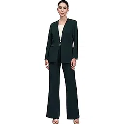 powersutra Bottle Green Lapel-Less Tailored Blazer Set | Elegant Formal Blazer & Trousers for Women | Stylish Office Coat-picture-30