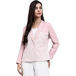 powersutra Women Baby Pink Blazer with Lace Panel Detail | Tailored Stretch Blazer with Notch Collar & Full Sleeves | Semi Formal Coat for Women Stylish Office Wear with Elegant Feminine Detailing-picture-33