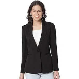 powersutra Women's Black Regular Fit Stylish Stretch Notch Collar Blazer | Slim-Fit Formal Jacket | Single-Breasted with Button Closure | Long Sleeves | Office Wear | Single-Vented Back Hem-picture-40