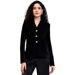 powersutra Women’s Black Velvet Stretchable Blazer with Gold-Tone Buttons | Tailored Single-Breasted Formal Blazer | Full Sleeve Velvet Jacket for Office-picture-37