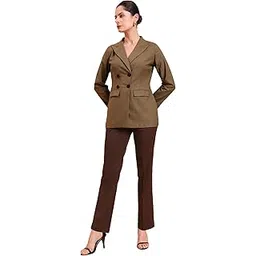powersutra Women’s Gingham Contrast Double-Breasted Blazer with Solid Straight Tailored Pant Suits|Co-Ord Set Beige-picture-36