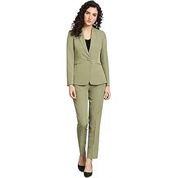 powersutra Women's Olive Green Notch Collar Stretch Suit with Blazer & Trousers | Single-Breasted | Button Closure | Elastic Waist Pants-picture-38