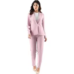 powersutra Women's Pink Notched Lapel Single-Breasted Blazer with Tailored Pants & Trousers in Stretchable Fabric | Formal Suit with Long Sleeves and Button Closure-picture-35