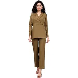 powersutra Women's Sage Green Stretch Co-Ord Set | Button-Down Top & Loose-Fit Trousers | Chic Tailored Fit Two-Piece Outfit for Office & Casual Wear-picture-19