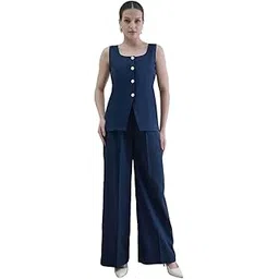 powersutra Women'sNavy Blue U-Neck Tailored Waistcoat with Straight Fit Co-ords-picture-49