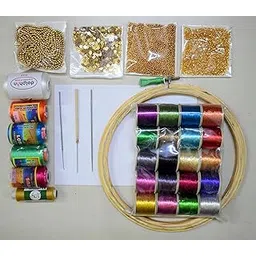 Prabhas Designs Aari Basic Kit with 10 inch Frame, 3 aari Needles, 20 Multi Color zari Thread, 4 Silk Thread, Sugar Beads, khardhana, Gold Ball Chain etc-picture-11