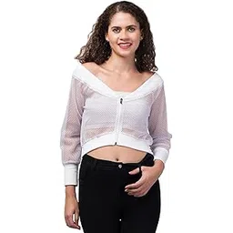 Prachikfashions Net Crop Zipper Jacket for Women Long Sleeves Off shoulder Top-picture-24