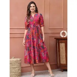 PRAGUDO Women Floral Printed Fit and Flare Midi Dress-picture-9