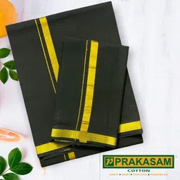 Prakasam Cotton Mens Premium Single Jari cotton Black Dhoti and Matching jari towel set Solid Men Dhoti-picture-12