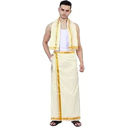 prakasam cotton Mens Art Silk Double Layer Gold Jari Border Stitched Dhoti With Matching Jari Border Art Silk Angavastaram set for mens-picture-55