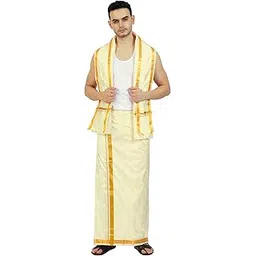 prakasam cotton Mens Blended Silk type Jari Dhoti with Matching towel/Dhoti 1.28 x 3.60 Meter/1.28 x 1.80 Meter Towel/8 Mulam vesti & 4 Mulam Towel (ASHA-CREAM-8X4-006)-picture-51