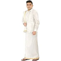 prakasam cotton Mens Silk Look Full Sleeve Regular Fit Shirt + Double Layer 8 Mulam Dhoti(Free Size) + Single Towel-picture-35