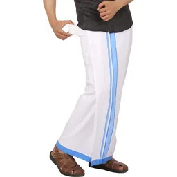 Prakasam Cotton Prakasam Cotton Premium Quality Welcro Pocket Readymade Dhoti( sticker Dhoti) -White Cotton With Light Blue Big Border Solid Men Dhoti-picture-35