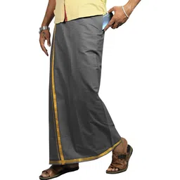 Prakasam Cotton Premium Quality Flexi Size Welcro Pocket-Gold Jari Border Cotton Ash Solid Men Dhoti-picture-27