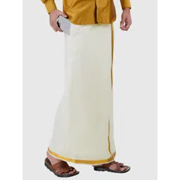 Prakasam Cotton Premium Quality Flexi Size Welcro Pocket ( sticker Dhoti) Gold Jari Border Cotton Cream Solid Men Dhoti-picture-28