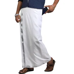 Prakasam Cotton Premium Quality Flexi Size Welcro Pocket ( sticker Dhoti) Silver Jari Border Cotton White Solid Men Dhoti-picture-29