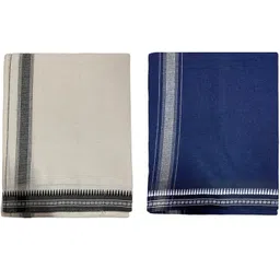 Prakasam Cotton Premium quality Mens Kerala Style Thalapathi Border Single (1.28X2.00 mtrs) -Dhoti-kerala Single mundu (Pack of 2 dhoties)-Off white:Navy Solid Men Dhoti-picture-21