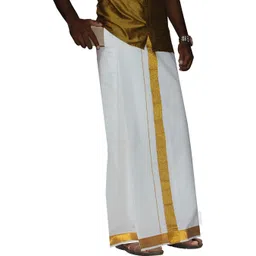 Prakasam Cotton Premium Quality Welcro Pocket Jari gold border Cotton White Solid Men Dhoti-picture-25