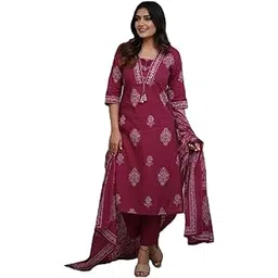 preeson Women's Pure Cotton Handwork V Neck Kurta with Pant and Dupatta Set-picture-32